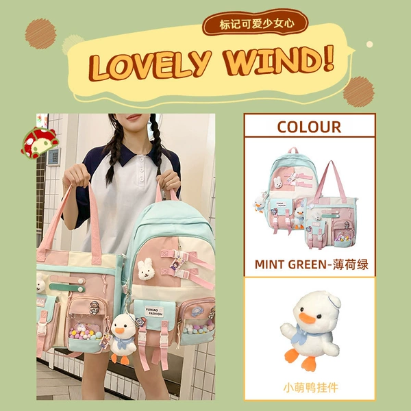 Mint green set, backpack, one-shoulder bag, pendant