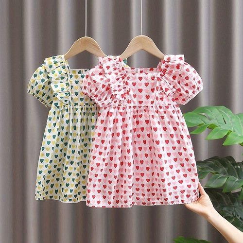 Girls dress, summer dress, Korean style children's dress, small children's flying sleeve princess dress, fashionable baby girl's love short-sleeved dress