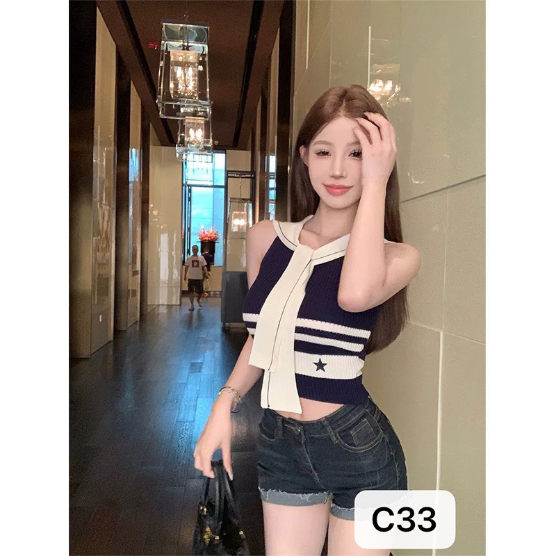 Island Holiday Blue and White Striped Navy Collar Ribbon Slim High Waist Vest Knitted Sleeveless Shirt Casual Style