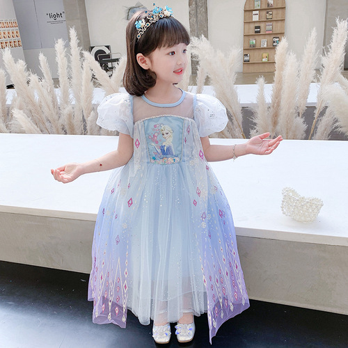 Elsa Princess Dress 2024 Children's Summer New Elsa Medium Long Colorful Flowing Sand Girls' Summer Net Dress