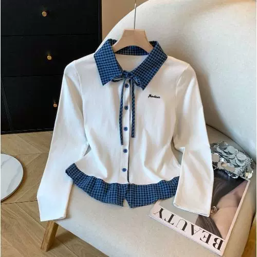 温柔风拼接格子长袖T恤女春秋新款穿搭polo翻领假两件别致上衣潮