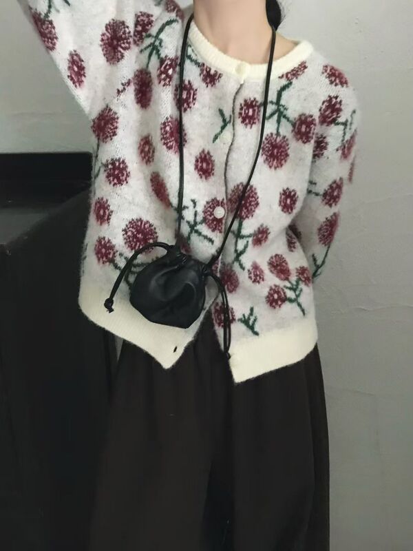 韩版小个子植绒提花针织毛衣女2025秋冬新款复古撞色花朵针织开衫|undefined