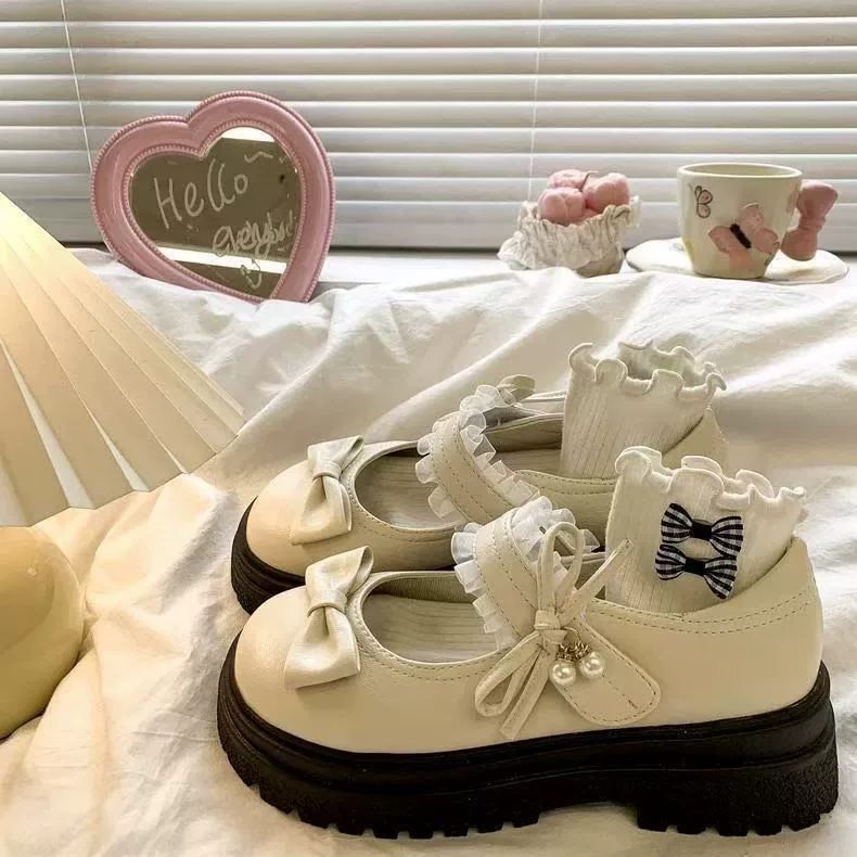 Женские кожаные туфли, увеличивающие рост во французском стиле, с юбками, новинка весны и осени 2024 года, туфли Мэри Джейн на толстой подошве с белым бантом и круглым носком