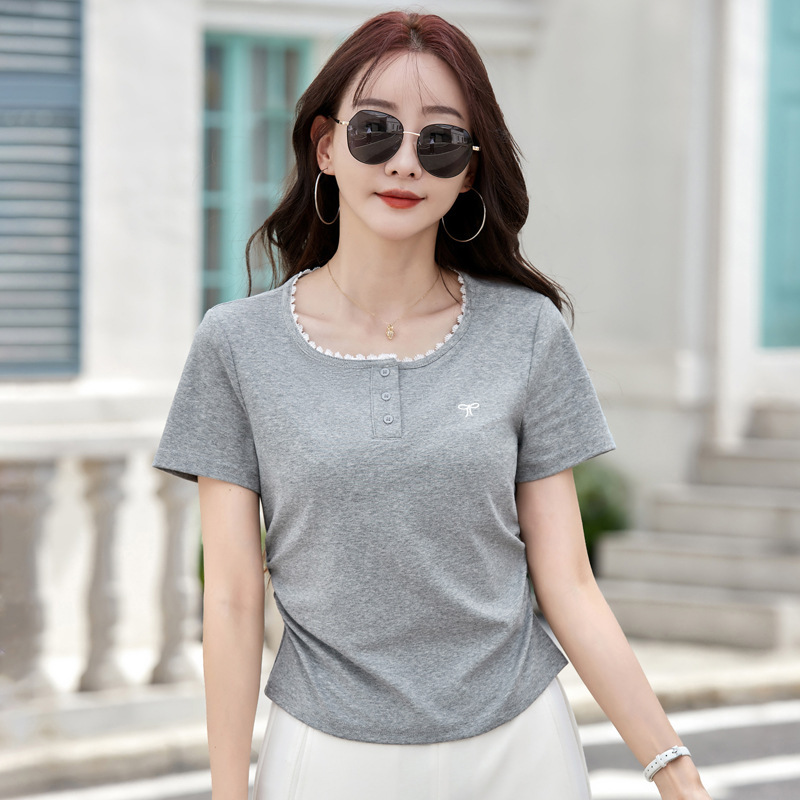 522 Gray Lace Short-Sleeved T-Shirt for Women in Summer with Pleated Waist and Slimming Effect, Right Shoulder Bowknot Embroidered Top 522 Gray Lace Short-Sleeved T-Shirt for Women in Summer with Pleated Waist and Slimming Effect, Right Shoulder Bowknot Embroidered Top