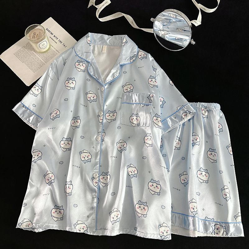 Pijamas de alta gama, pantalones cortos de manga corta de seda de simulación de verano para mujer, traje de servicio a domicilio de estudiante de niña dulce y lindo, estilo delgado