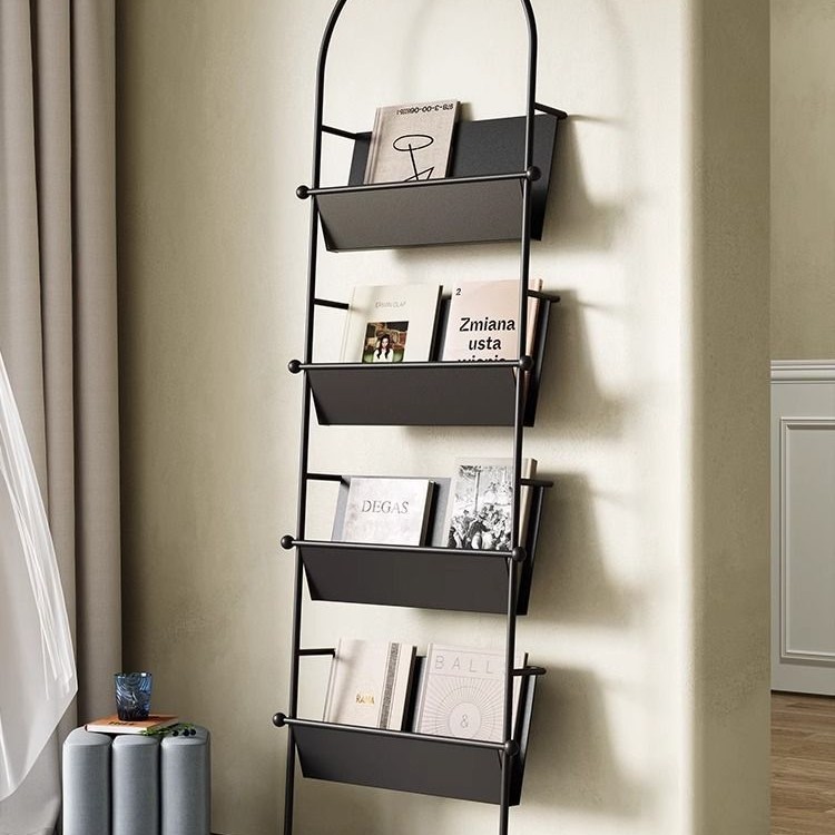 书架落地铁艺靠墙客厅杂志架黑色中古网红书报架书刊展示架置物架