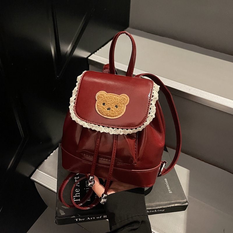 韩版新款ins潮时尚双肩包女小众芭蕾风复古小熊蕾丝边大容量背包|undefined