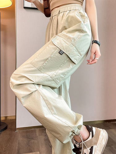 American Retro Workwear Leisure Pants for Women - Summer High-Waisted Straight Leg Tapered Ankle Pants Loose Quick-Dry Thin Model