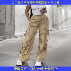 跨境欧美工装裤女款春秋美式多口袋宽松阔腿裤街头潮牌休闲裤8304