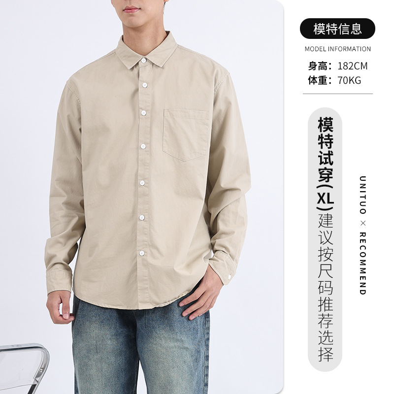 Hombres de otoño algodón camisa de manga larga abrigo relajado casual versátil de color sólido herramienta de bolsillo camisa de solapa de moda masculina