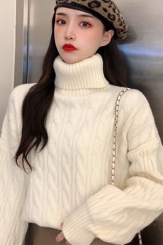 高领毛衣加绒加厚女冬2025新款麻花内搭打底韩版宽松慵懒风针织衫