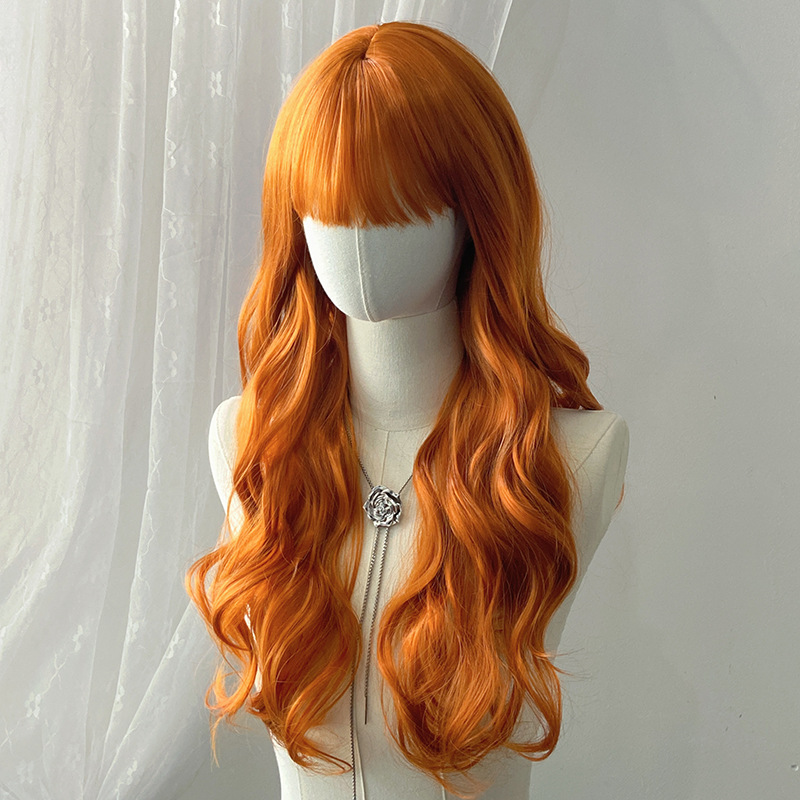 European and American Export Women's Orange Long Curly Wig Halloween Cos Cosplay Chemical Fiber Headgear Cross-Border Ready Stock
