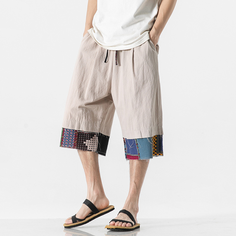 2022 New Summer Men's Large Size Chinese Style Cotton and Linen Loose Casual Pants Color-matching Japanese Cropped Pants Thin
