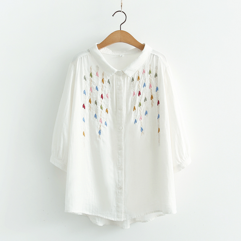 Japanese Single Double-layer Cotton Yarn White Shirt Women's Summer Export high quality Niche Design Embroidered Cotton Seven-sleeve Top