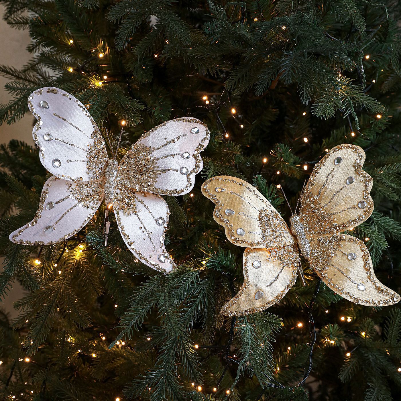Tela transfronteriza de alta calidad simulación abrazadera de arco de mariposa tela de polvo pegajoso flocado árbol de Navidad decoración colgante diseño de escena