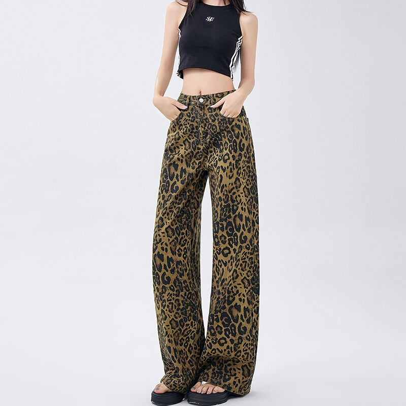 American Retro Leopard Print Wide-Leg Jeans for Women, New Spring and Autumn High-Waisted Loose Straight-Leg Floor-Length Jeans