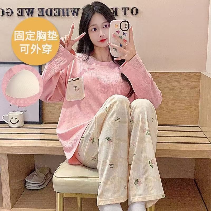 Cloud Cotton Long-Sleeved Pants Pajamas for Women Cartoon Cute Print Spring & Fall Casual Loose Home Wear Set with Chest Pad