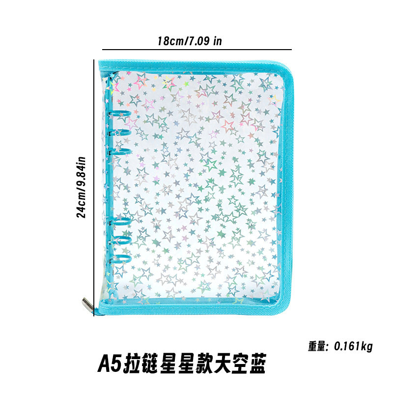 Corea del Sur De allí plana transparente brillo de la cremallera de 6 agujeros de hojas sueltas cuaderno ins estrella persiguiendo Diario A5A6