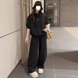 加绒加厚时尚套装女冬季新款洋气豹纹连帽卫衣阔腿裤休闲两件套潮