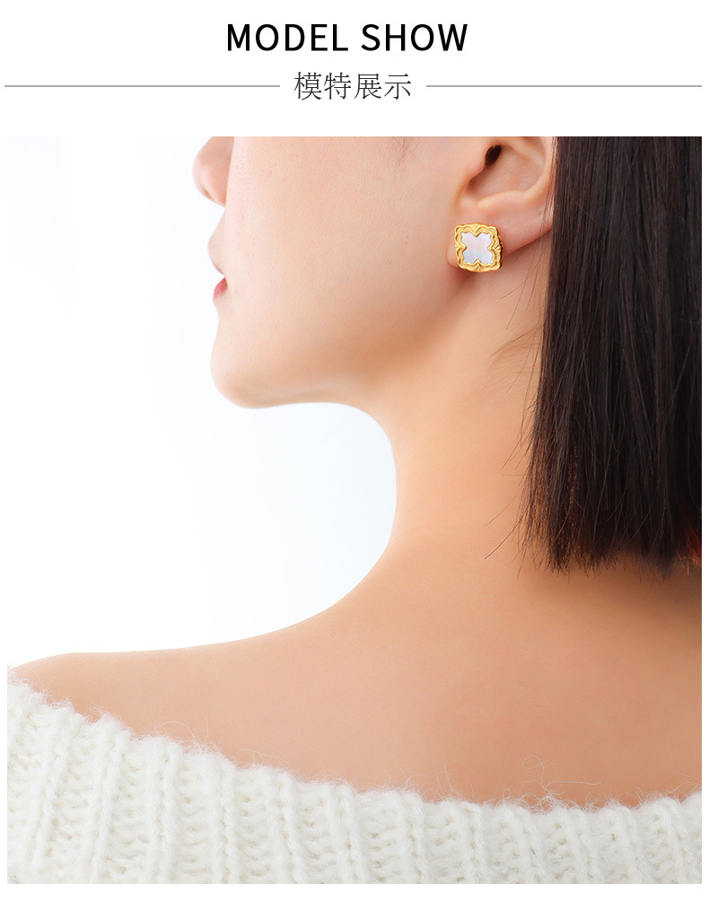 Korean Version Fashion Temperament Square White Sea Shell Earrings Titanium Steel Plated 18k Gold Earrings display picture 2