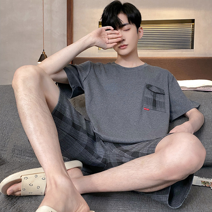 Pijamas de verano de los hombres de algodón artificial de cuello redondo jersey de manga corta pantalones cortos traje casual desgaste del hogar se puede usar fuera supermercado