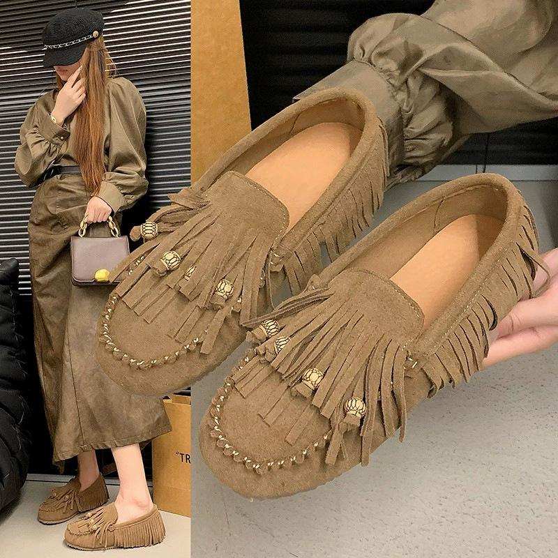 Плоская бахрома бобовая обувь женская весна 2025 новая одиночная обувь мягкая подошва матовая кожа повседневная педаль Lefu обувь прилив
