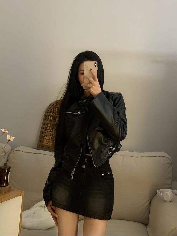 美式复古辣妹风黑色复古机车夹克上衣2025秋季新款修身皮衣外套女|undefined