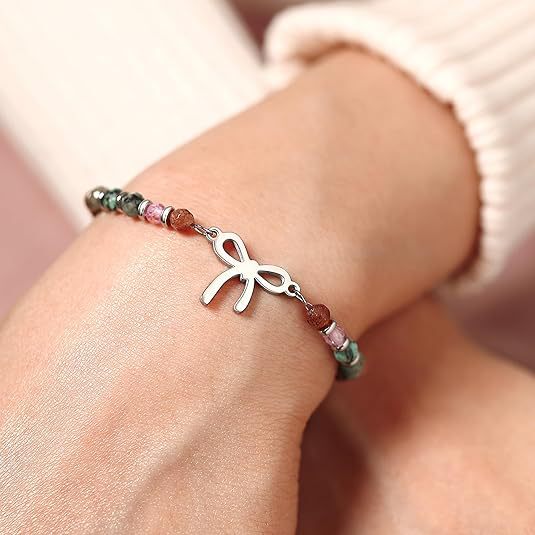 Cross-Border Best-Selling Ins-Style Natural Stone Beaded Bracelet with Bow Pendant Design, Gift for Granddaughter, Sister, or Best Friend on Birthday