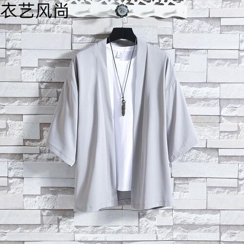Summer thin ice silk seven-quarter sleeve kimono-style open jacket Chinese-style retro casual cape sun protection outerwear for men