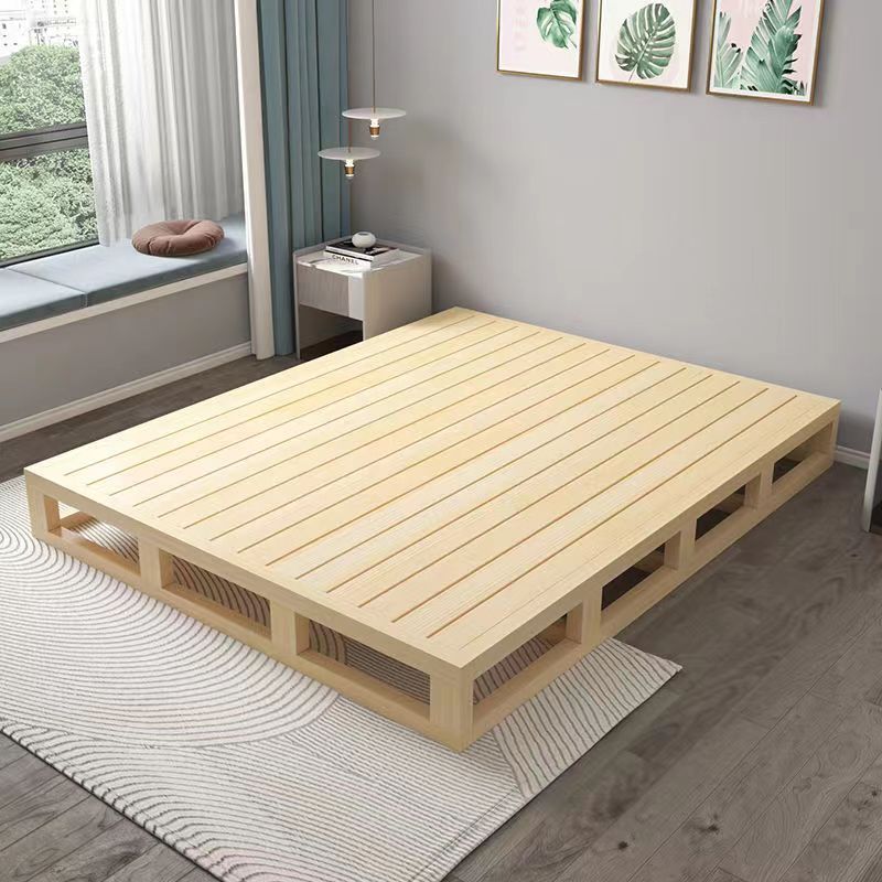 Solid Wood Bed with Hard Mattress, Slatted Frame, Floor-Standing Lumbar Support Bed Board, Japanese-Style Low Bed Without Headboard, Tatami Bed Frame