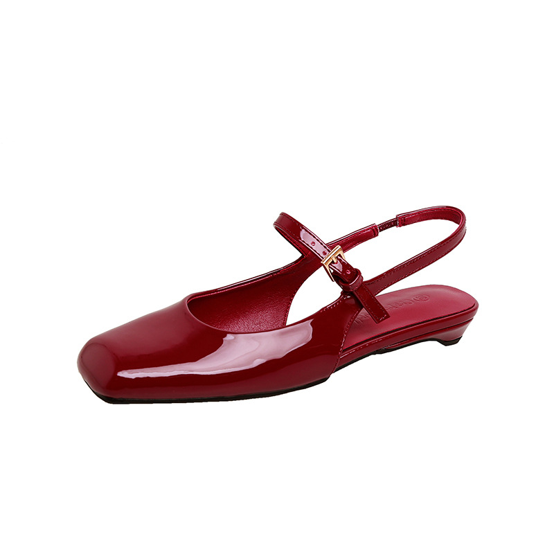 2025 nuevo estilo francés retro cabeza cuadrada con Mary Jane Baotou sandalias mujeres zapatos de ballet de charol rojo mujeres
