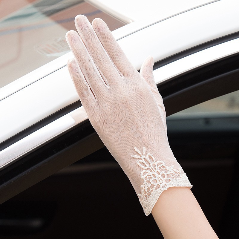 Primavera y verano guantes de protección solar para mujer encaje flor conducción ligera transpirable protección solar al aire libre montar guantes de pantalla táctil