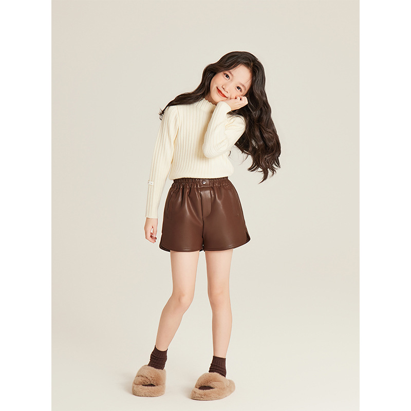 AMYBABY GIRLS PANTS WINTER 2024 NEW MAILLARD STOMP WAIST 캐주얼 올 매치 가죽 반바지