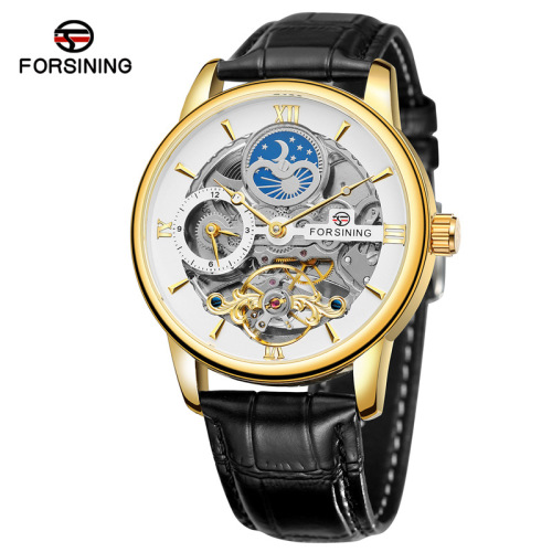 FORSINING Men's Business Automatic Mechanical Watch with Leather Strap, Hollowed-out, Moon and Sun Leisure Mechanical Watch