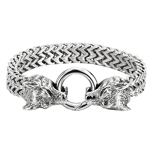 Longrui Men's Stainless Steel Wolf Head Franco Link Chain Bracelet Retro Personalized Viking Wolf Head Bracelet