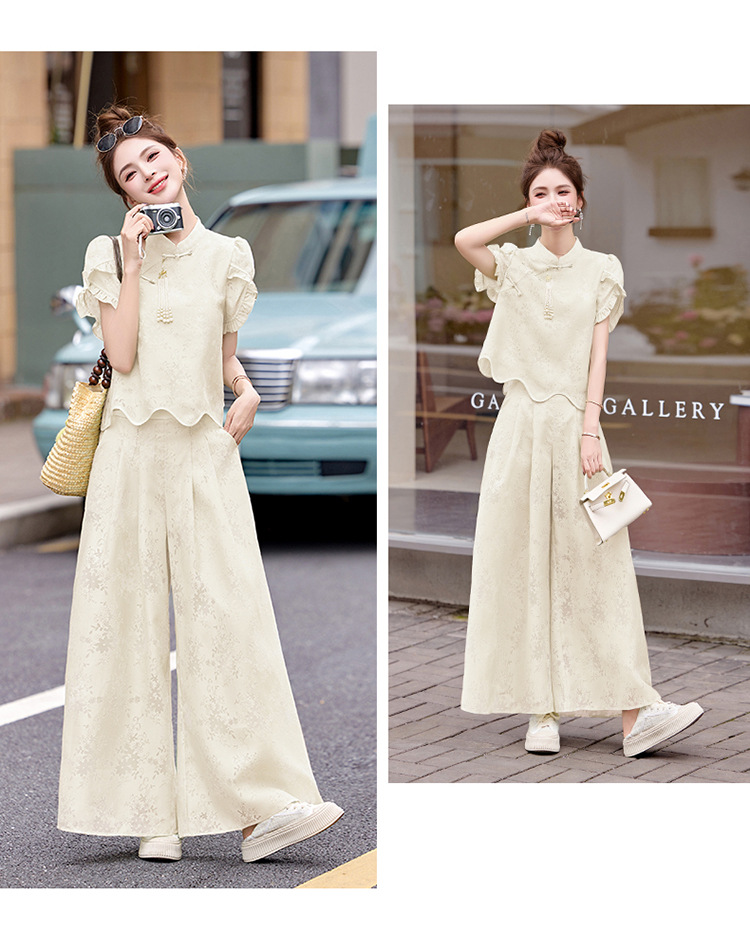 Bộ váy hai mảnh tay ngắn phong cách Trung Hoa cổ điển họa tiết jacquard mùa hè 2025 — Màu vàng be, Màu xanh lá chi tiết 28