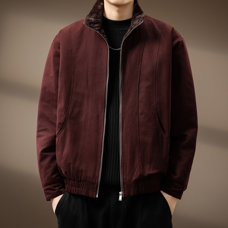 High-End Barn Style Burgundy Imitation Rabbit Fur One-Piece Thickeneded Jacket for Men Winter New Warm Fleece-Lined Jacket for Men