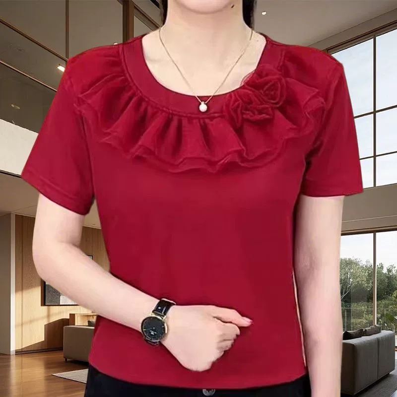 2025 новая летняя мода с круглым вырезом, дизайн с цветочным принтом, короткий рукав, футболка в высококлассном иностранном стиле, универсальный однотонный топ