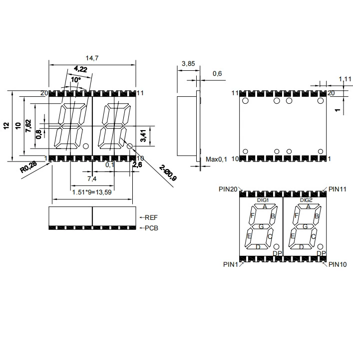 SMD digital tube two-bit thin shell red 0.28 inch LY2282AW double-bit 7-segment light-emitting tube white light 2820