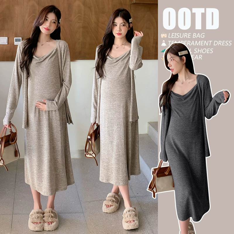 Осенняя термобелье юбка футболка slip dress кардиган для беременных, комплект