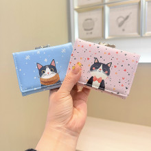 黛妮韩版新款萌趣可爱卡通猫咪印花三折铁夹小巧短款钱包零钱包女