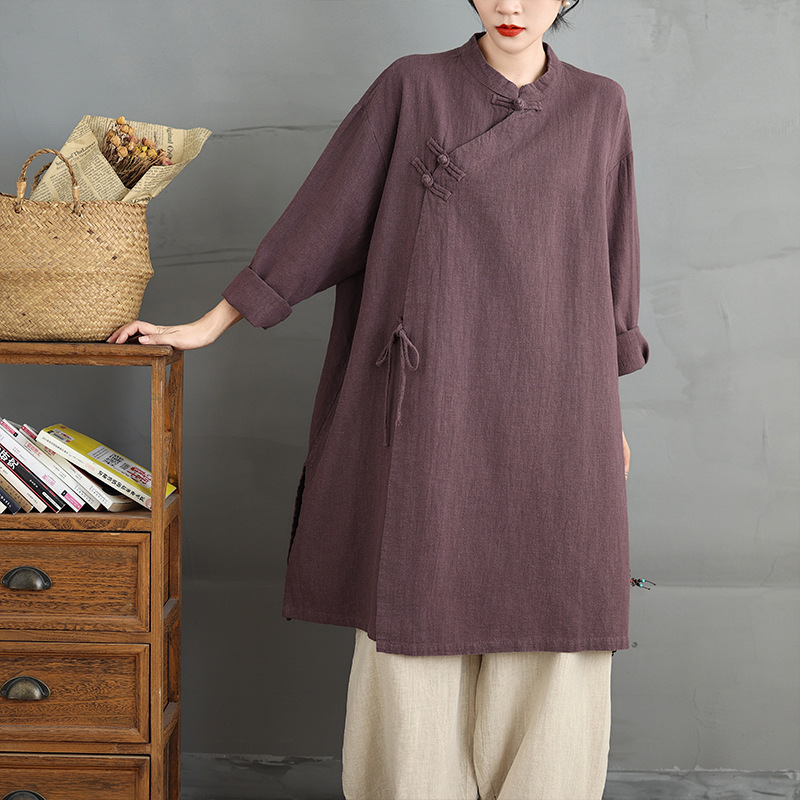 禅服女棉麻禅意素衣长袍新中式斜襟上衣寺院居士服禅修服长袖佛系|undefined