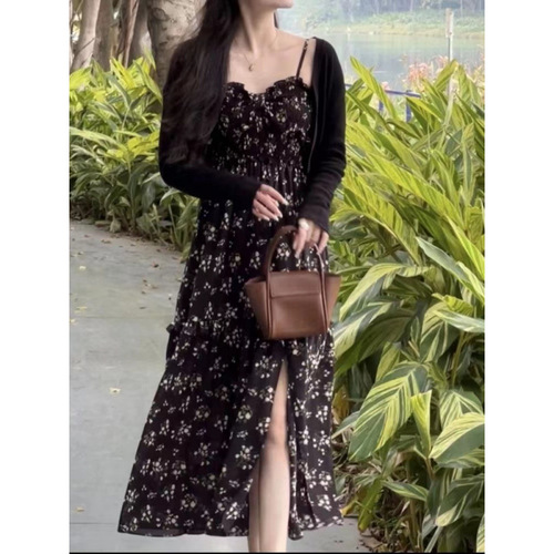 Women's Summer 2025 Fashion French Pure Desire Princess Style Floral Print Tank Top Dress and Cardigan Two-Piece Set