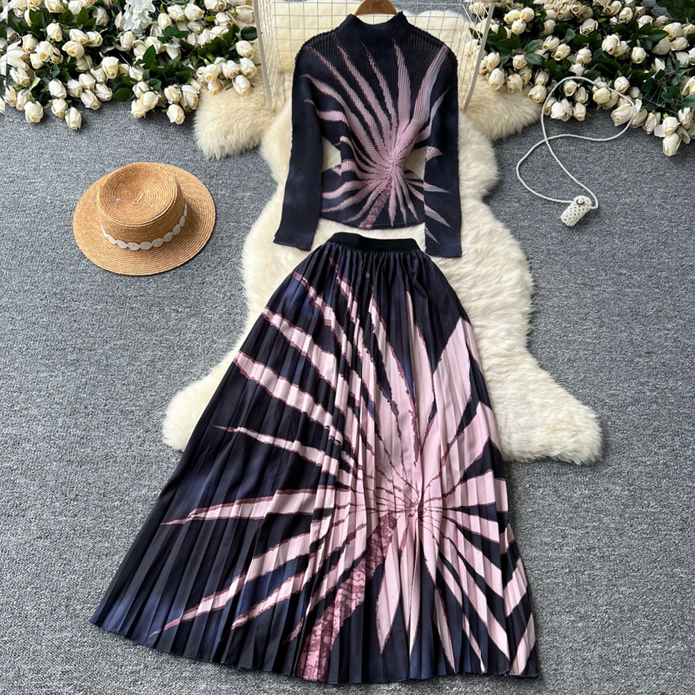 Women's Clothing celebrities elegant pleated print mid neck long sleeved tops for women high waist slim pleated skirt autumn set D_voghion.com