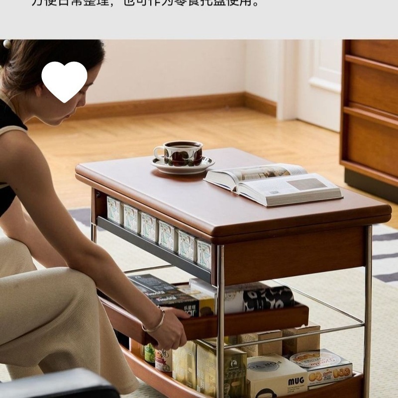 实木折叠茶几中古家用客厅小推车古风小户型复古移动沙发升降收纳|undefined
