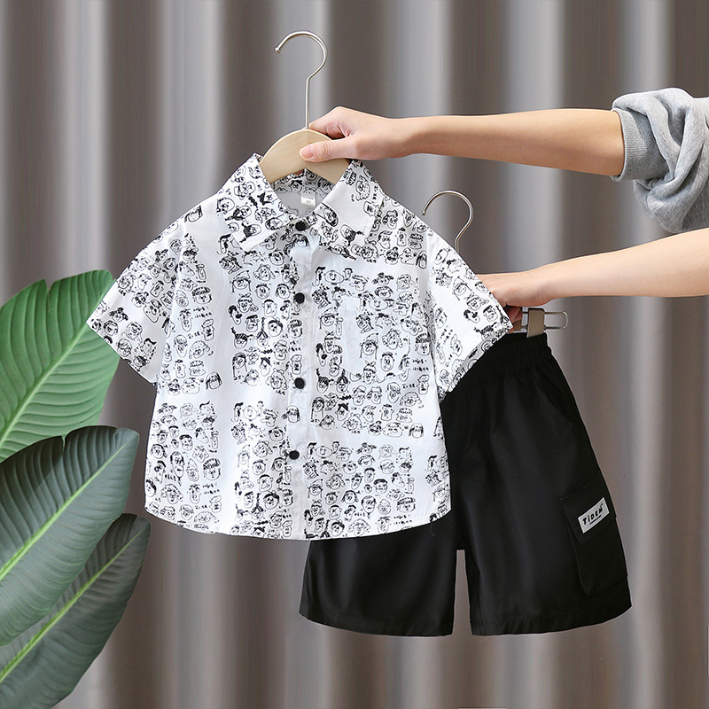 7320 traje de camisa de flores de manga corta para niños 2025 nueva ropa de moda de verano para niños, traje delgado de dos piezas