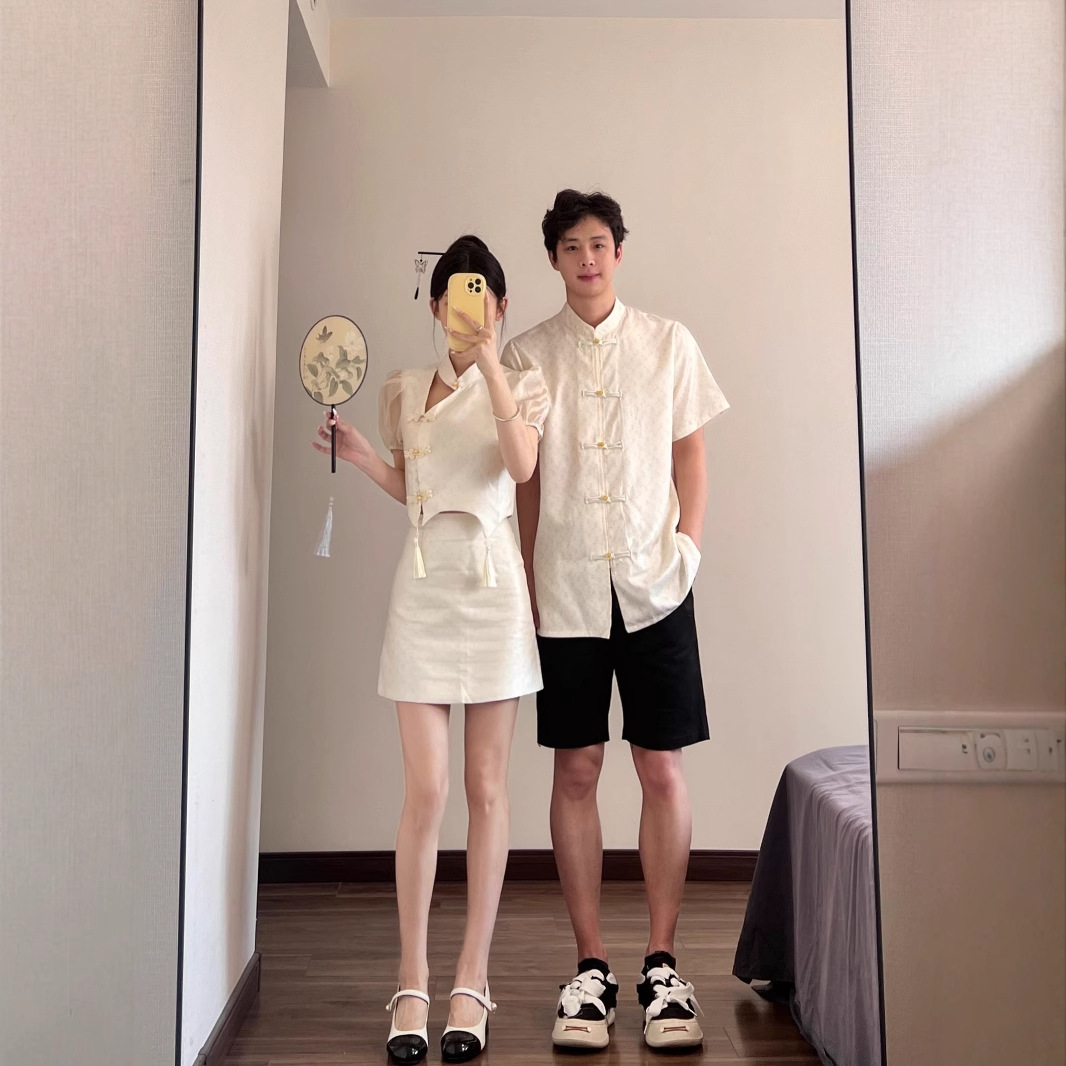 중국 스타일 커플 원피스 여름 새로운 스타일 중국 스타일 회전 짧은 소매 개선 된 버클 펜던트 디자인 칼라 캐주얼 셔츠