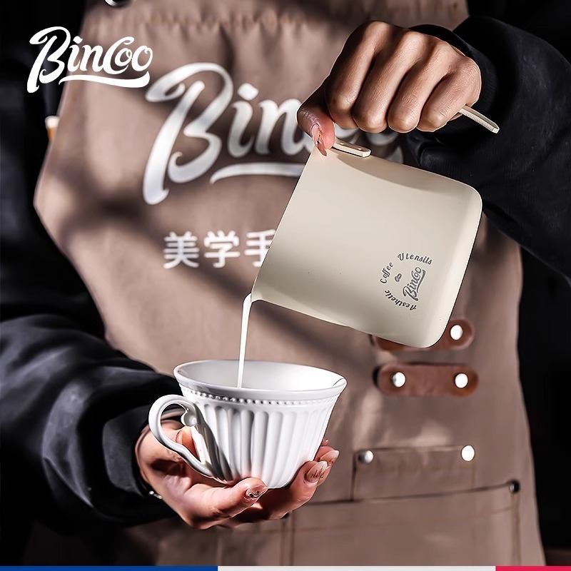 Bincoo コーヒーラテアートシリンダー 大型斜め口ラテアートカップ ステンレス製ミルクシリンダー 丸口 初心者ラテアート学習|undefined