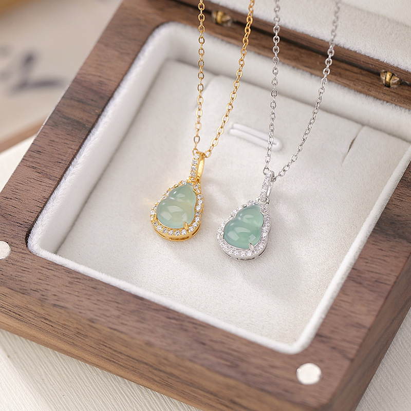Mặt dây chuyền bạc S925 mạ vàng xanh ngọc bích hình bầu dục phong cách thời trang — Kiểu bạc (không có dây chuyền)