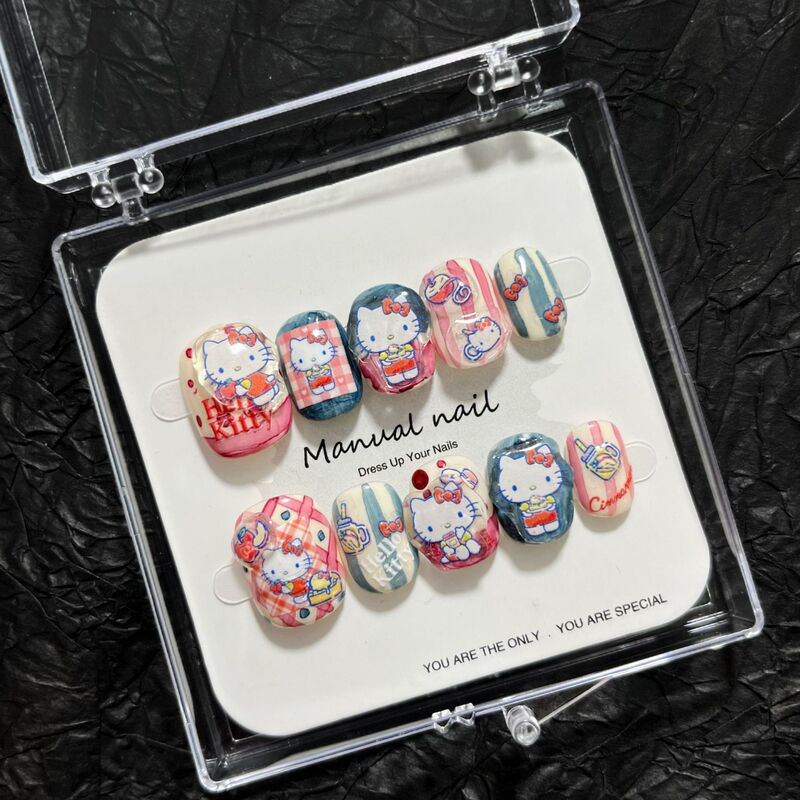 [Kt Cat] Purely Handmade Cute Cartoon Girl Short Round Wearable Nail Stickers Removable A667